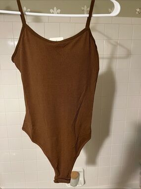 Ribbed Brown Spaghetti Strap Bodysuit